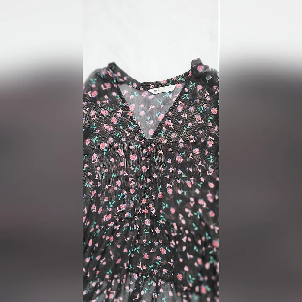 NWOT! Sheer Metallic Women's Zara Spring Peplum Floral Boho Blouse Medium - Picture 7 of 15